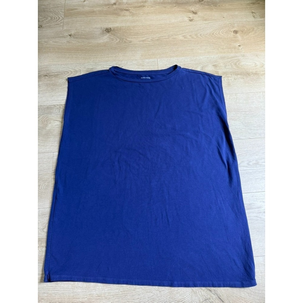 EUC Eileen Fisher short sleeve organic tunic blue stretch side zippers size L